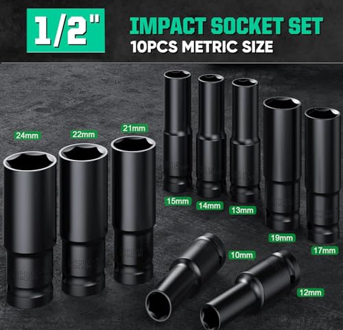 Deep Impact 1/2 Inch Socket Set - 10 Piece Master Drive With Extension Bar, 10mm-24mm, 6 Point Metric for Home Car Repair - Image 2