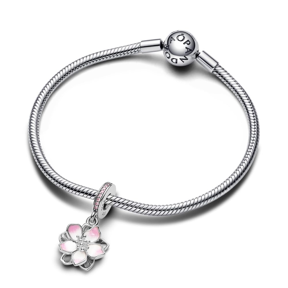 PANDORA Ciondolo mobile Moments a forma di fiore di ciliegio in argento Sterling con eleganti zirconi rosa e smalto rosa sfumato
