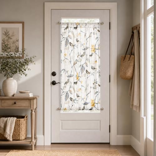 Image of VOGOL Privacy French Patio Door Panels, Grey Birds & Flowers Printed Pattern, Sidelight Sliding Glass Door Curtains with Matching Tieback, 25 x 40 Inches, 1 Piece