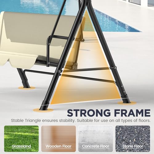 Balancelle 3 Places Ergonomique avec Toit réglable｜Balancelle de Jardin Pieds antidérapants, Structure métallique Stable, résistante à l’Eau, Balançoire Extérieur pour terrasse et Jardin｜Beige – vue 4