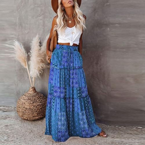 Floral Maxi Skirt with Pockets for Women 2025 Boho Flowy Drawstring Long Skirt Casual Tiered High Waisted Skirts2