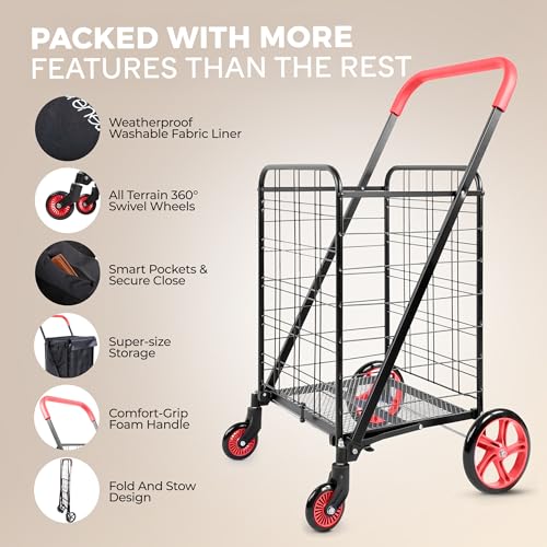 Image of SereneLife Folding Shopping Cart, Heavy Duty, Portable Grocery Trolley Red