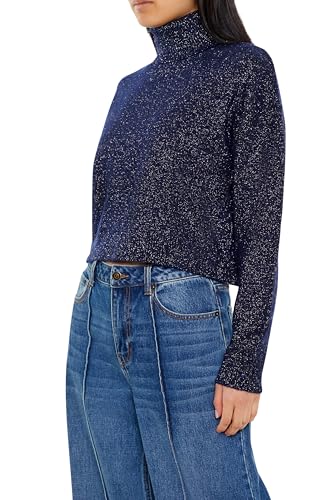 Forever 21 Damen Glitter Knit Turtleneck Sweater Pullover, Blau, Groß