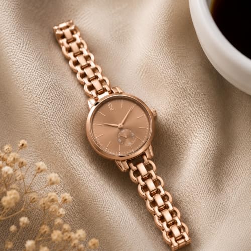 Image of HALFDOT Women's Brown Analog Wrist Watch | Elegant Chain-Link Metal Strap Quartz Watch | Fashion Wrist Watch for Women & Girls