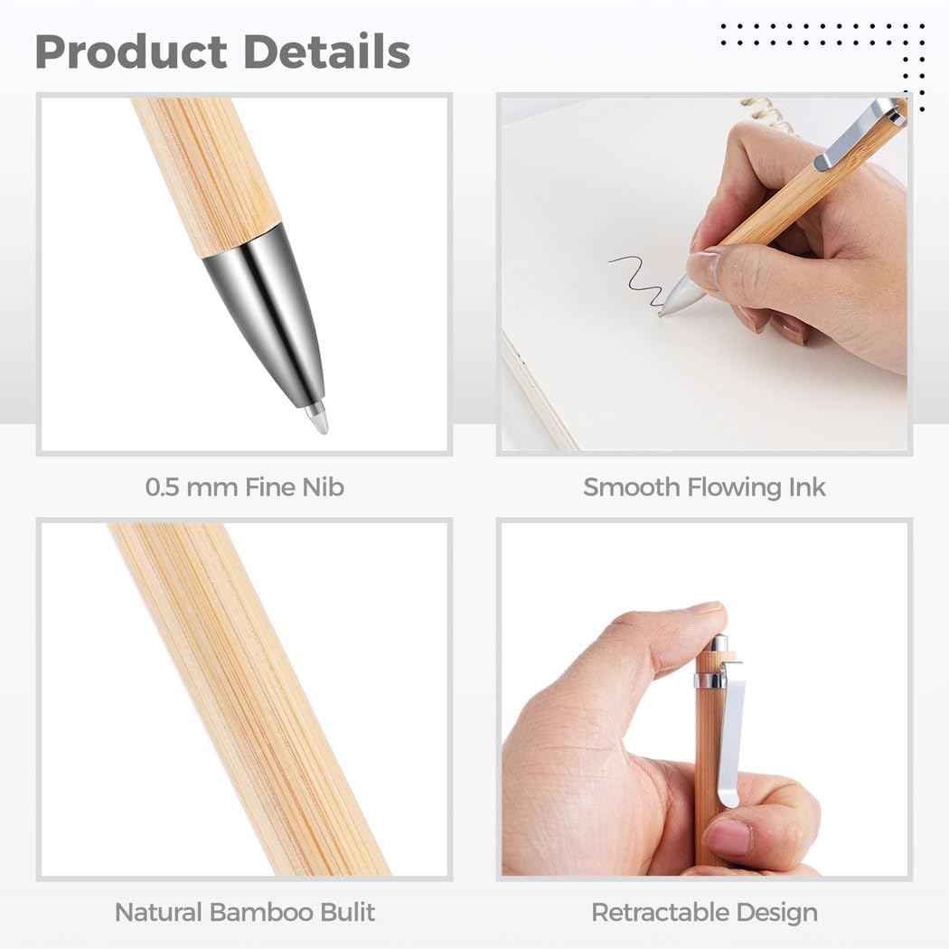 50 Stk. Bambus Kugelschreiber, nachfüllbare Kugelschreiber mit Clip, 0,5 mm Feinspitze, schwarze Tinte, sanft schreibende Rollerball Stifte für Taschenheft, Büro und Schule
