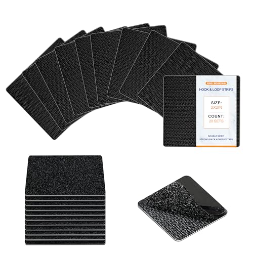 Image of KING MOUNTAIN 2x2 Inch Hook and Loop Strips, 10 Sets Nylon Self Adhesive Tape, Double Sided Strong Back Adhesive Tape and Dots for Office, Home and Crafting, Heavy Duty, Black