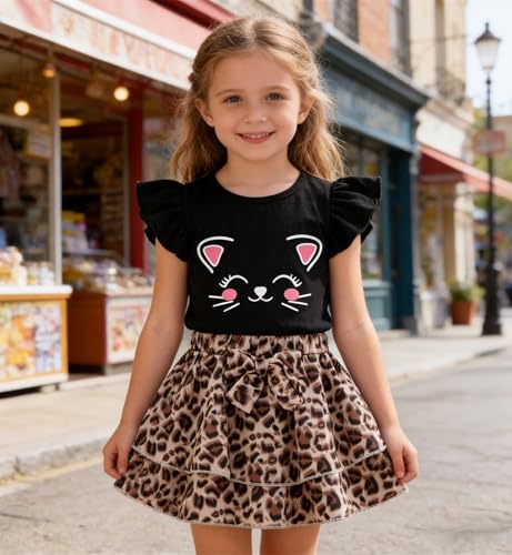 Image of Girls Skirt Set 2 Piece Outfit Toddler Summer Clothes Ruffle Sleeve T-Shirt Bow Knot Tutu Skirt Outfit Set