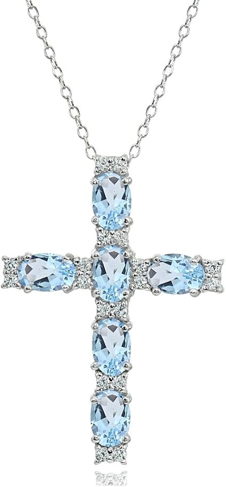 Sterling Silver Genuine, Created or Simulated Gemstone Oval-Cut Cross Pendant Necklace for Women
