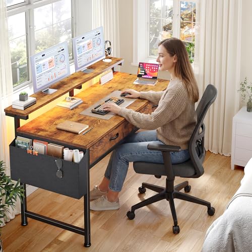 Image of DurayLoly 47.3Inch Office Computer Desk with LED Lights & 2 Fabric Drawers, Gaming Desk with Side Pocket & Ergonomic Monitor Stand, Small Space Study Writing Table with Anti-Tip Design, Rustic Brown