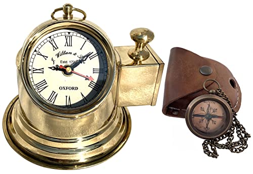 Sailor Brass Gimbals Binnacle Clock Desktop Decoration Gift + Military Pocket Brass Chain Compass in Belt Strap Leather Case Christmas Decor Gifts