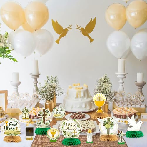 Image of ANGOLIO God Bless Honeycomb Centerpieces, 12PCS Baptism Table decorations | Green Cross Floral Church Anniversary Decorations, Baby Shower Birthday Party Supplies, Christian Celebrations Party Favors