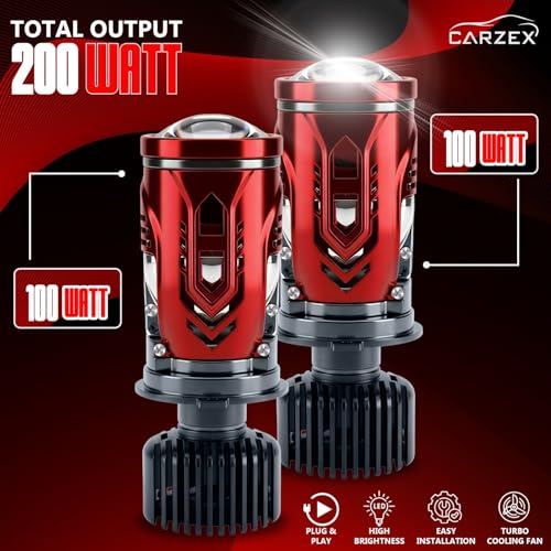 Image of Carzex Y11 Pro H4 LED Ultra Bright Headlight Bulb with Mini Projector Lens 200W 20,000LM - 6000K Super Bright Pure White Dual Beam for Cars with H4 Socket, High Power Headlamp Projector