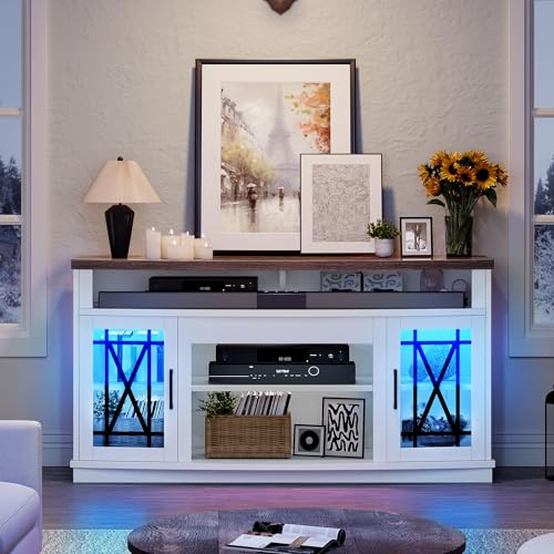 DWVO LED Farmhouse Television Stand for Living Room, 32'' Tall Entertainment Center for 65/55 Inch TV, Media Console TV Table with Storage Cabinet, Adjustable Shelves and Glass Doors, White & Brown
