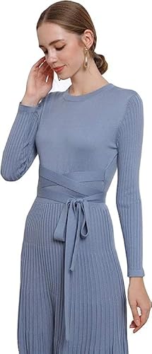 Ranrui Pleated Knitted Fit And Flare Sweater Dresses Womens Round Neck Long Sleeve Knit Dresses High Waist Long Sweater Dress Soft Warm Belt Fitted Maxi Dresses Winter Dress 1302(A-Haze Blue,12-14) #TOP3