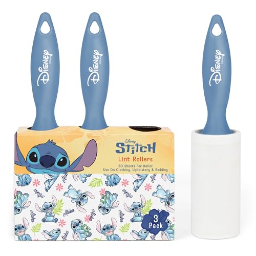 Image of Disney Stitch Lint Roller for Pet Hair, 3-Pack, 60ct /Roll, Extra Sticky | Perfect for quick cleanups at home, in the car, or on the go, tear-and-toss adhesive works on clothing, upholstery, bedding