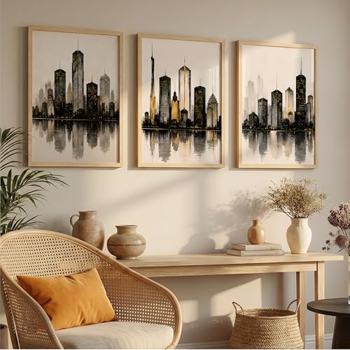 Image of TheMakerly Set of 3 Modern City Skyline Wall Art Paintings for Living Room | Luxury Urban Cityscape Wall Decor | Framed Wall Paintings for Bedroom, Office, Hall & Home Decoration (13x19 Inches)