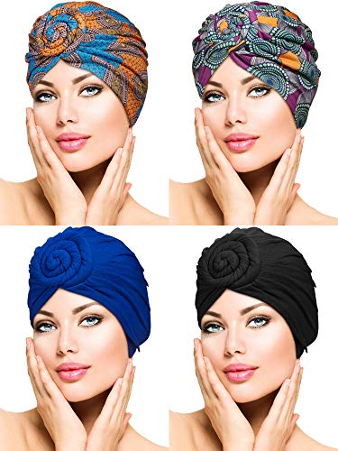4 Pieces Turban Flower Head Wrap Beanie Scarf Cap Hair Loss Hat for Men and Women (Style 4)