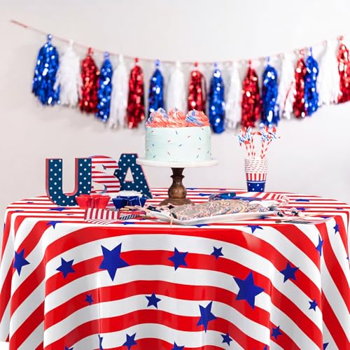 Image of Oudain 4th of July Decoration Tablecloths 84 Inch Plastic 250th Anniversary Patriotic Tablecloth American Flag Red White Blue Disposable Tablecover for Memorial Day Party Supplies(6 Pcs,Retro)