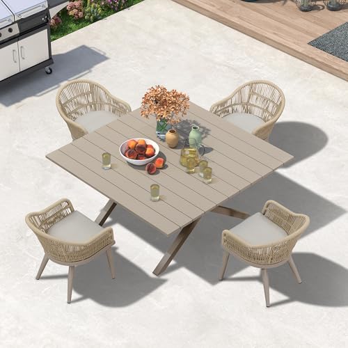 Image of PURPLE LEAF 5 Pieces Oversized Square Patio Dining Set with Outdoor Aluminium Dining Table and Woven Chairs Modern Metal Furniture Cushions Sets for Garden Yard Indoor Decor Kitchen Champagne