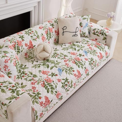 Image of HOMETHREADS Premium Style Anti Slip Sofa Cover Set | Cotton Sofa Slipcover | 1Pc Front Cover with Attached Armrest + 1Pc Back Cover (Leave Green Flower, 2 Seater | 120x185cm)
