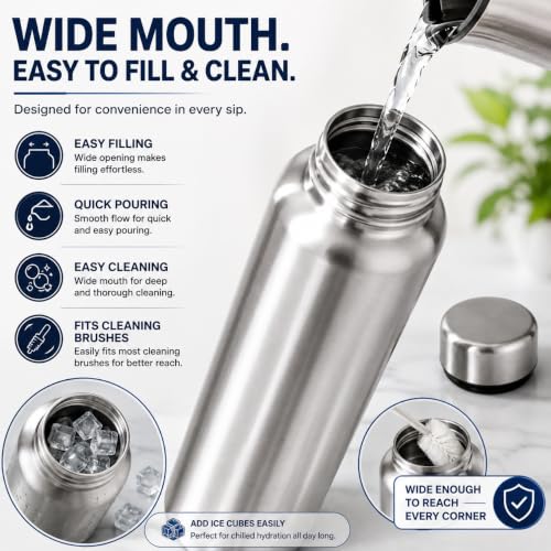 Image of TREVIO 1 Litre Stainless Steel Water Bottle, 304 Grade Food-Grade Steel Bottle with Airtight Leak-Proof Screw Cap, Wide Mouth, Rustproof Reusable Water Bottle for Office, Home, College & Travel (1)