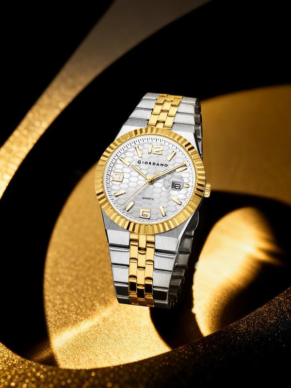 Image of Giordano Analog Watch for Men with Honeycomb Dial, Fluted Bezel, Date Window & Luminous Hour Markers and Stainless Steel Strap - GZ-50172