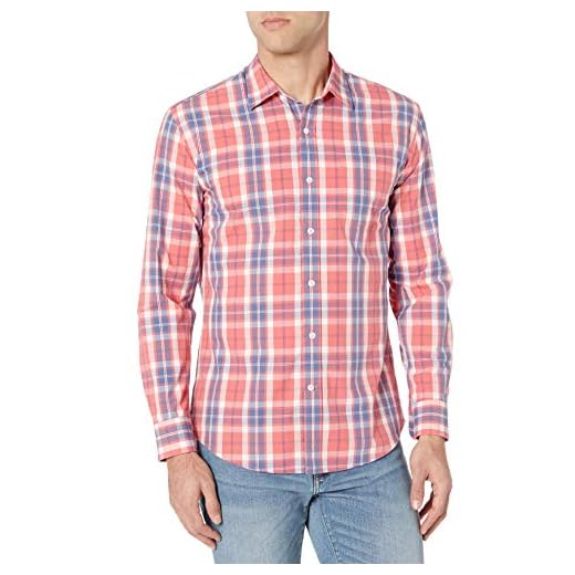 Amazon Essentials Camisa Informal de Popelina con Manga Larga y Corte Recto Hombre, Rojo Efecto Lavado Cuadros Ventana, S