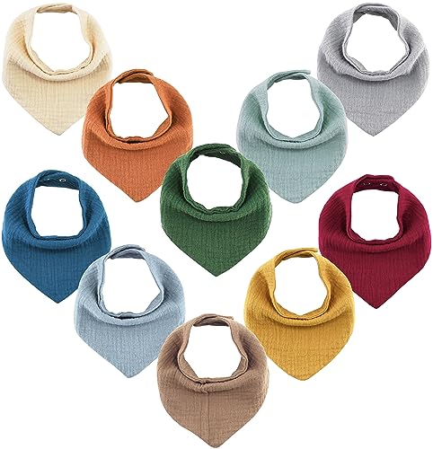 Image of Meerdif Muslin Baby Bibs 10 Pack Baby Bandana Drool Bibs for Unisex Boys Girls, 100% Cotton 10 Solid Colors Set