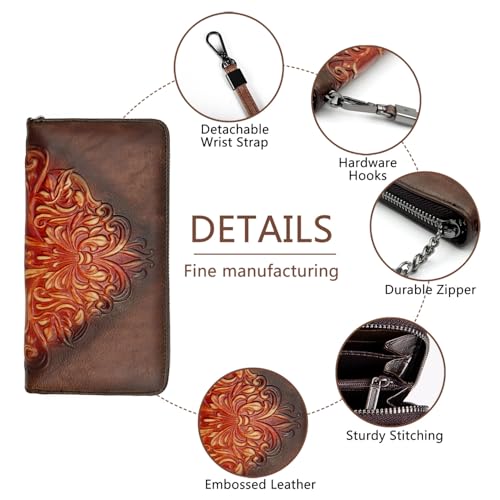 Image of Wallet Genuine Leather for Women - with RFID Blocking Card checkbook ID Slot Large Capacity Vintage style (floral coffee)