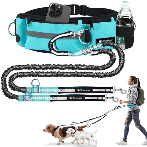 Waist Leash for Dog Walking 2 Dogs – Adjustable Waist Belt with No-Tangle Design, Reflective Hands Free Dog Leash 2 Dogs with Shock-Absorbing Bungee, Ideal for Running & Walking