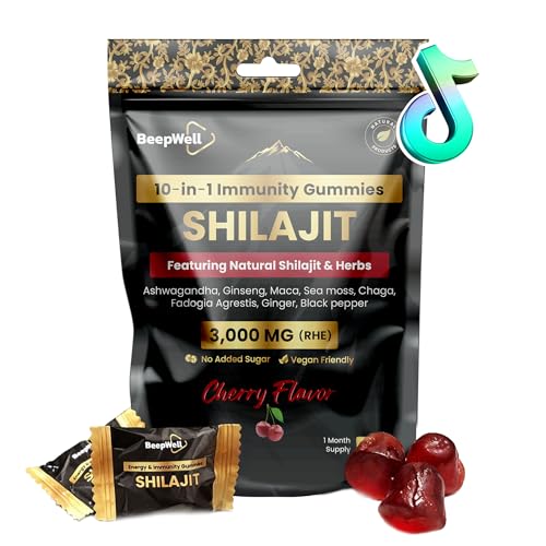 BeepWell Shilajit Gummies for Men 3000mg 10-in-1 Himalayan Blend with Fulvic Acid 85+ Trace Minerals & Ashwagandha Naturally Sweetened Cherry Flavored Vegan Shilajit Gold Gummies 60 Count
