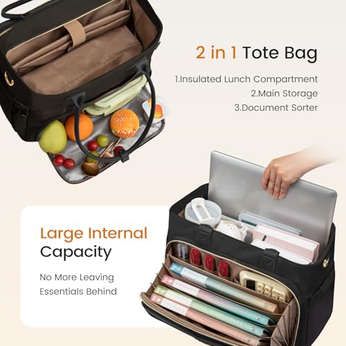 Image of LOVEVOOK 15.6 Inch Teacher Tote Bag for Women Work with Accordion File Area, Laptop Work Tote Bag with Laptop Compartment, nurse Handbag Bags with Large Capacity & Cup Holder, black