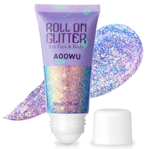 AOOWU Purpurina Cara Gel Líquido, 50ml Roll on Gel Purpurina Corporal, Brillantes Mujer para la Cara Cabello y Cuerpo, Glitter Líquida de Rollon para Maquillaje Festival Rave Carnaval Halloween Morado