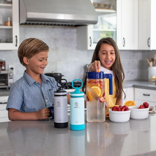 Image of Takeya Actives Kids Water Bottle 16 oz Stainless Steel Double Wall Insulation BPA-Free Leakproof Straw Lid Easy Carry Handle Reusable Ideal for Boys and Girls, School, Sports - Surfer / Lagoon