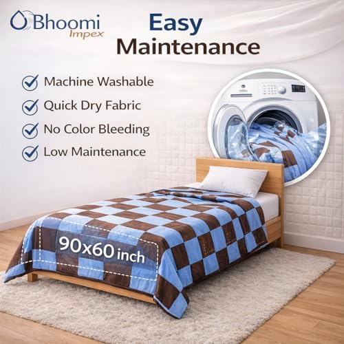 Image of Single Bed Dohar Blue Brown Checkered | Lightweight Summer Quilt | Cotton AC Blanket | Breathable All Season Comforter | Skin Friendly Bed Cover
