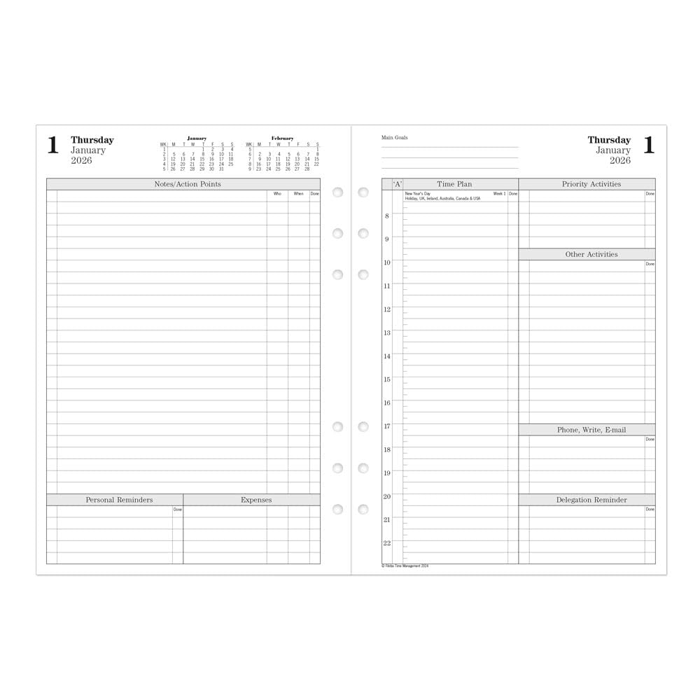 Filofax Ricarica agenda calendario, formato A5, un giorno su due pagine con appuntamenti, gestione del tempo, libro bianco, inglese, 2026 (CTM7031-26)