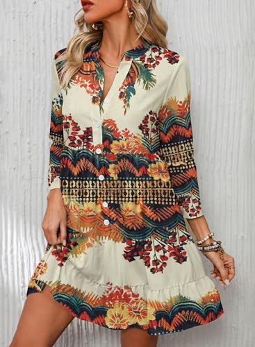 Image of Opemiby Summer Dresses for Women 2026 Flowy Ruffle 3 /4 Sleeve V Neck Tiered Casual Babydoll Boho Beach Mini Dress