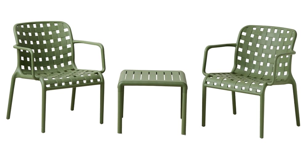 VERDELOOK | Set da Giardino Dino Verde in Polipropilene con 2 Poltrone e Tavolino, Set Salotto da Esterno per Balcone e Terrazza, Poltrone 64x65 H76 cm con Tavolino 51x51 H40 cm