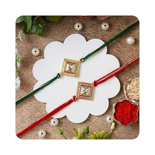 Image of eCraftIndia Multicolor Set of 2 Om Symbol and Peacock Designer Religious Rakhis with Roli Chawal Pack