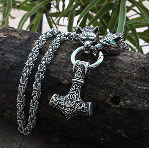 Men stainless steel necklace viking wolf head with thor's hammer mjolnir pendant norse talisman ethnic jewelry