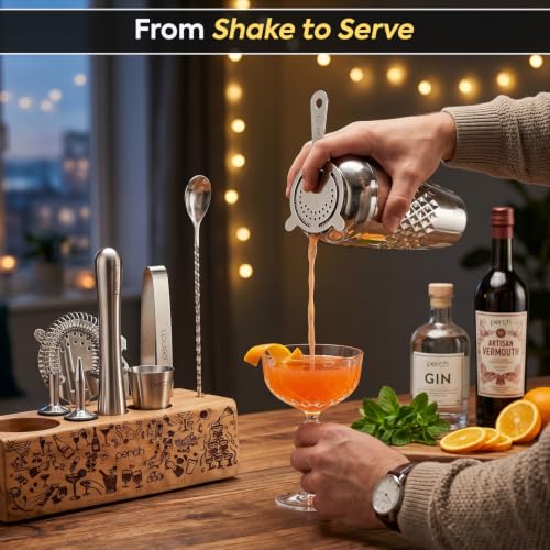 Image of O' Holic by Perch 10-Piece Bartender Kit with Printed Wooden Stand | Cocktail Shaker Gift Set with Jigger, Strainer, Spoon, Muddler & Corkscrew | Home Bar Accessories for Mixing Drinks| Silver