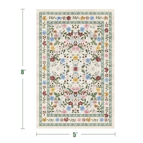 Image of Deerly Floral Area Rugs 5x8 Vintage Boho Washable Non-Slip Living Room Carpet Soft Low Pile Colorful Thin Bedroom Floor Mat Indoor for Dining Room Playroom Nursery Farmhouse, Beige /Green /Multi