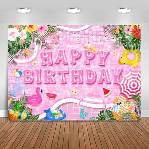 Mocsicka Pool Happy Birthday Backdrop Summer Swimming Pool Birthday Party Decorations Banner Hawaiian Beach Pink Party Supplies Photo Booth Props (Pink, 10x8ft(120"x96"))