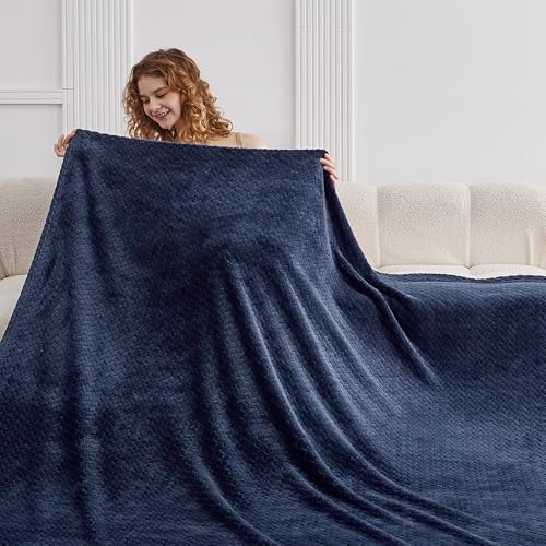 Oversized King Fleece Blanket 120x120 Inches, Seamless Soft Cozy 3D Jacquard Flannel Blanket 10'x10' Extra Large for Bed, Sofa, Couch, Travel & Camping, California King Throw, Navy Blue Leaf