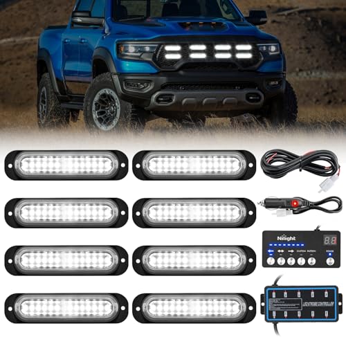 Image of Nilight 8PCS Led Strobe Lights with Controller 12V 24V Sync Feature White | 12 LED Surface Mount Emergency Hazard Warning Lights with Strobe Controller for Vehicle Car Truck RV ATV