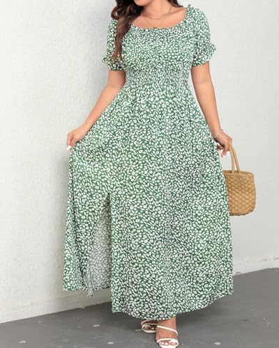 Image of Holipick Women's Off The Shoulder Boho Dress Plus Size Floral Smocked Waist Split Summer Maxi Sundress with Pockets