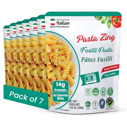 Pasta Zing Fusilli Pasta, Ready in 1 Minute, Fully Cooked Pasta with Perfect Al Dente Bite, 14g Protein &amp; 4g Fiber, Zero Sodium, Non-GMO, Heat &amp; Eat Microwave Pasta, 7.05oz Pack of 7