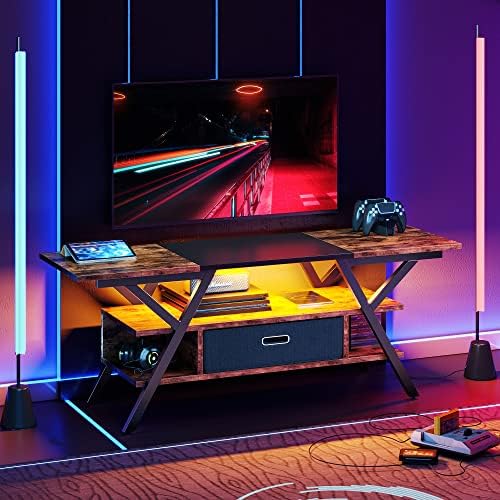 Bestier TV Stand Cabinet Entertainment Centre Gaming TV Stand for 140CM TV with LED Light Industrial TV Stand with Fabric Drawer
