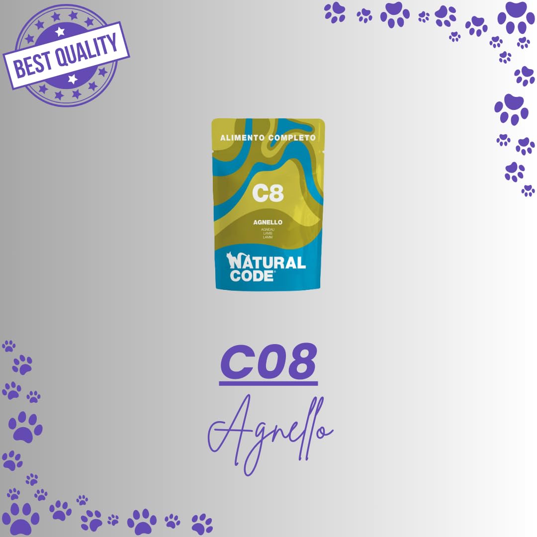 Natural Code - Alimento Húmedo para Gatos en Bolsa, Alimento Completo para Gatos de Todas Las Tallas y Razas, Sabor Cordero, 12 Sobres de 70 Gramos