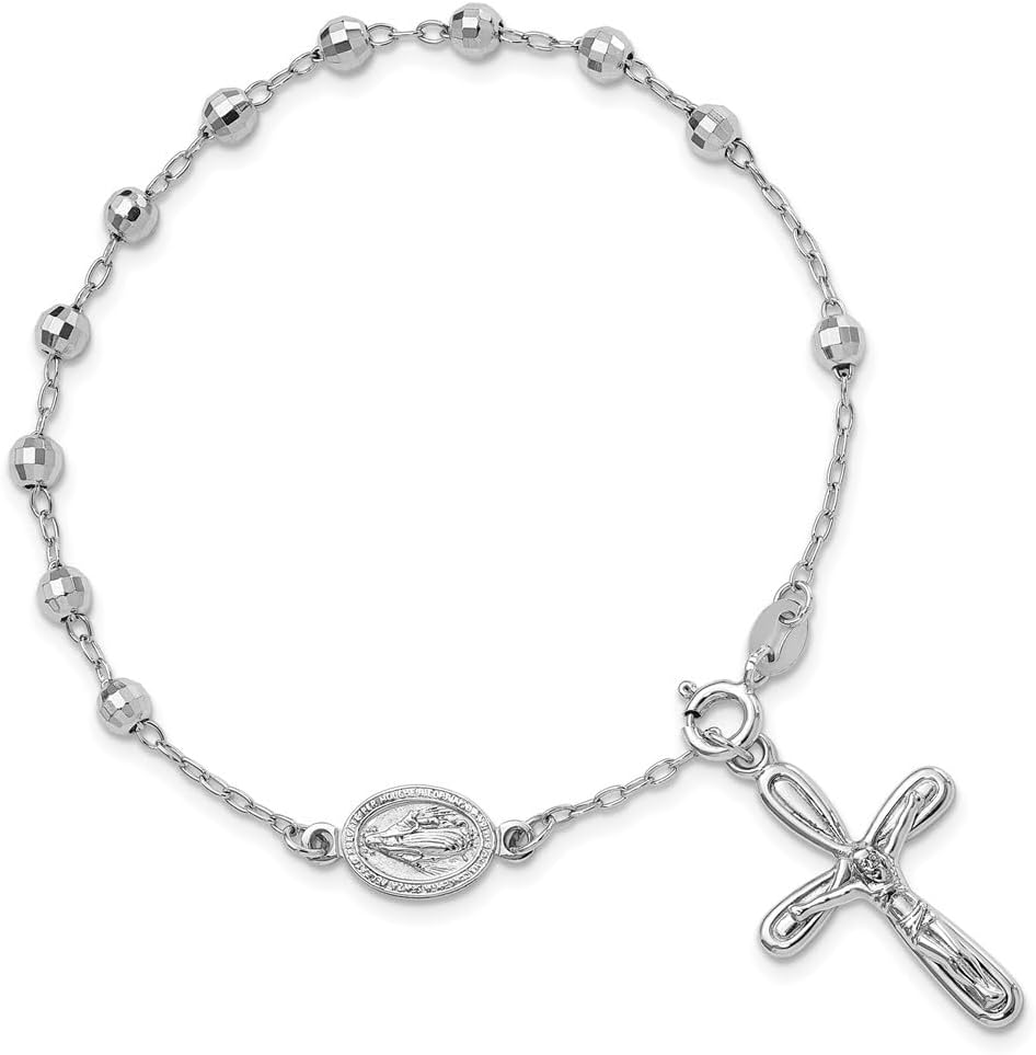 925 Sterling Silver Rhodium-plated Dangle Cross Beaded Rosary Cable Chain Bracelet for Women 7.5"", White, AFJ-QG-QG6383-7.5-MP